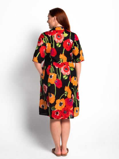 Mareeba Dress Half Sleeve in Black Poppies