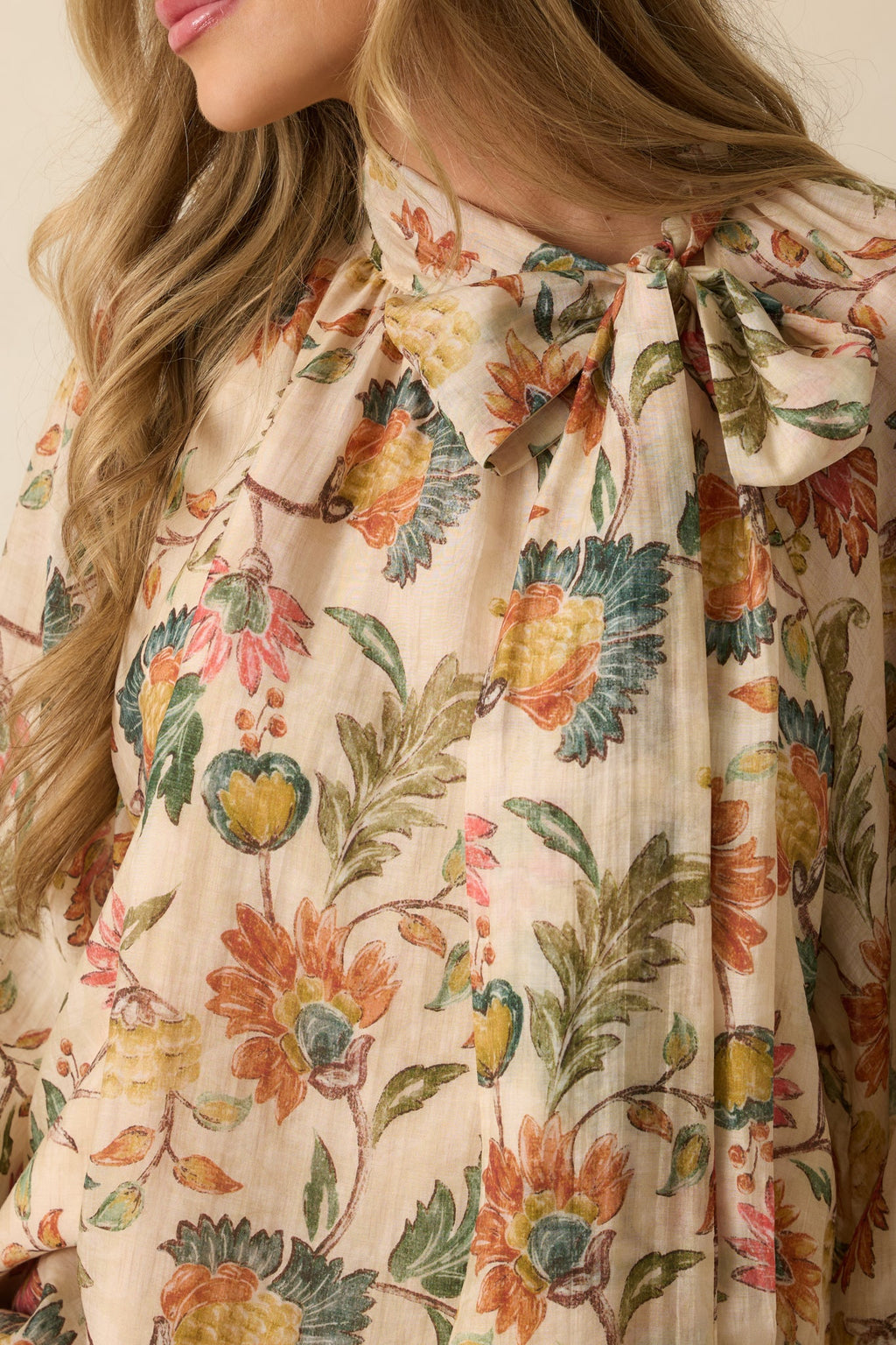 Fields of Grace Beige Multi Floral Print Cotton Bow Blouse