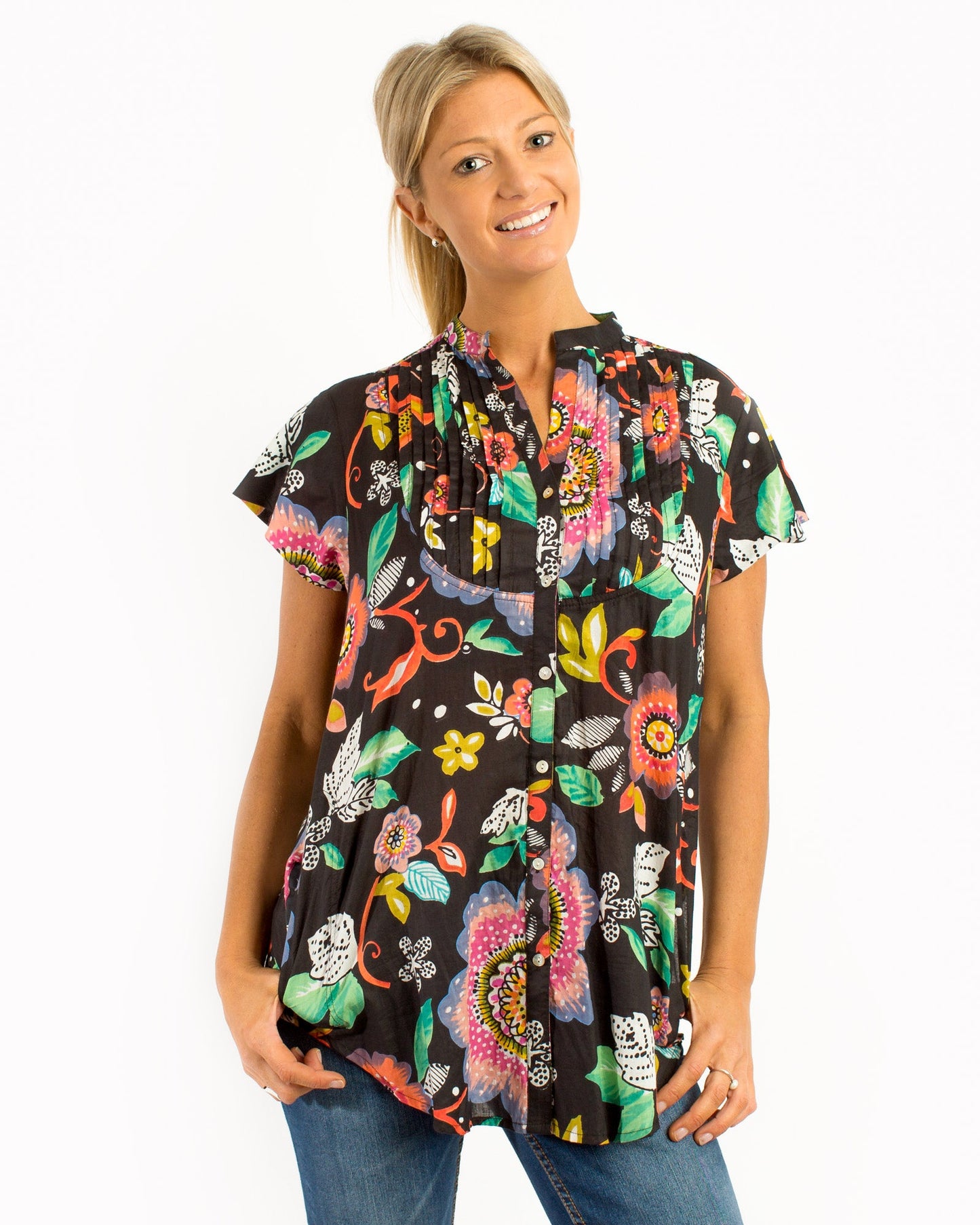 Magnetic Cap Sleeve Shirt in Black Pink Garden