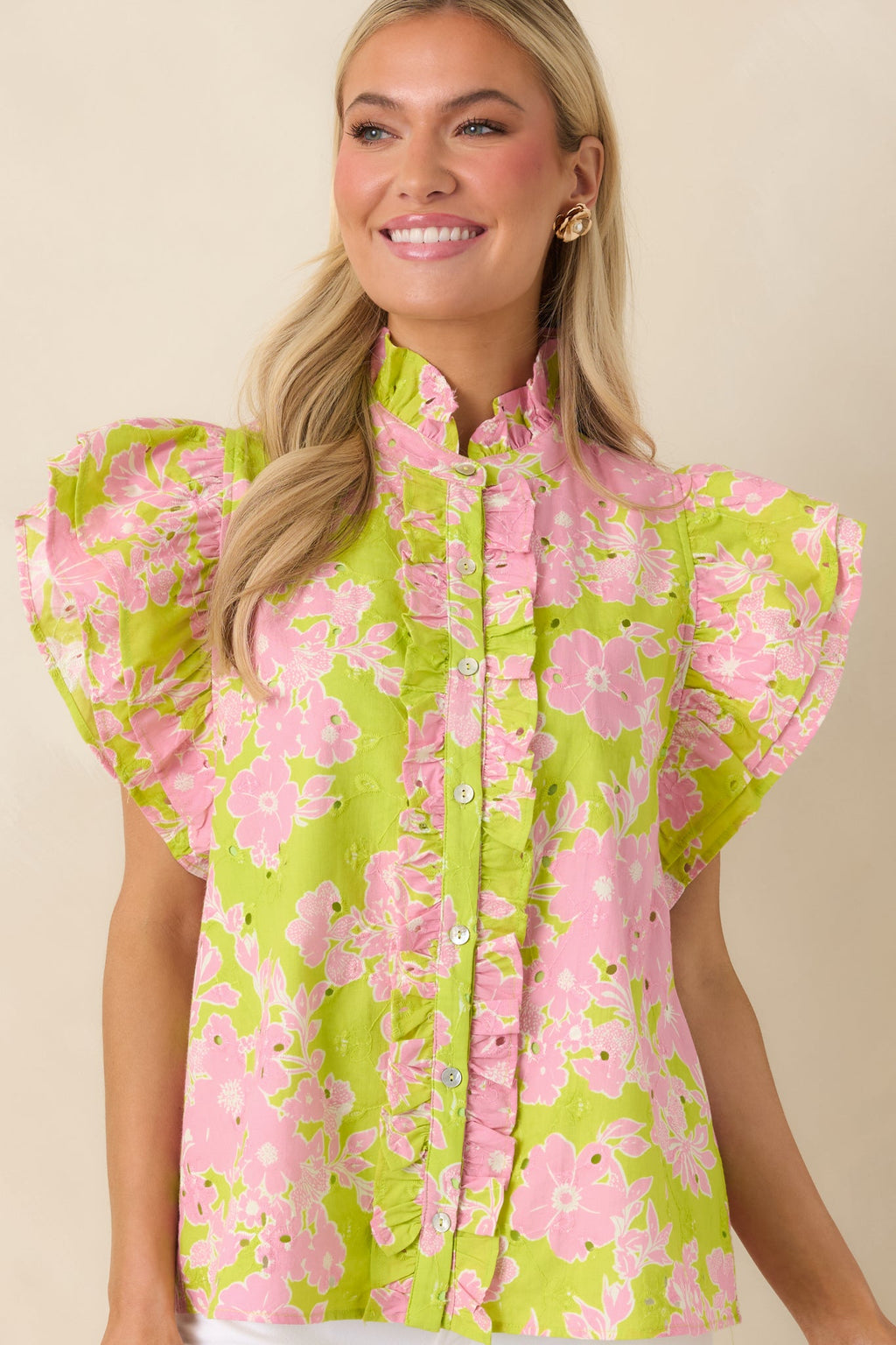 Make It Known Chartreuse & Pink Floral Cotton Eyelet Top