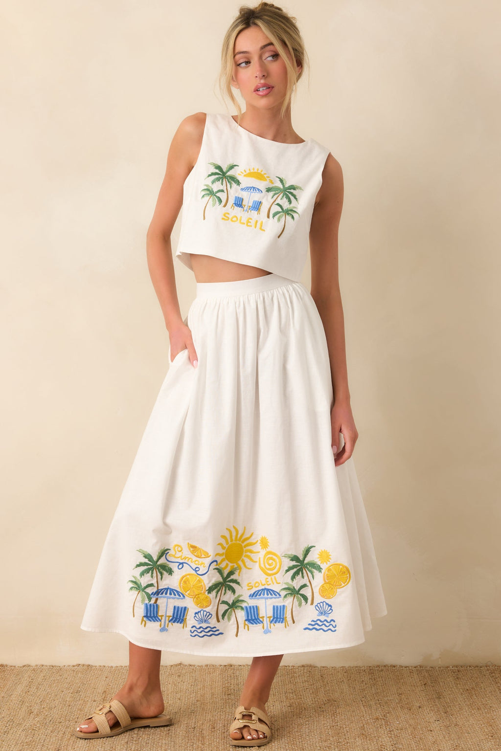 Paradisa Paradena White Multi Embroidered Cotton Blend Midi Skirt