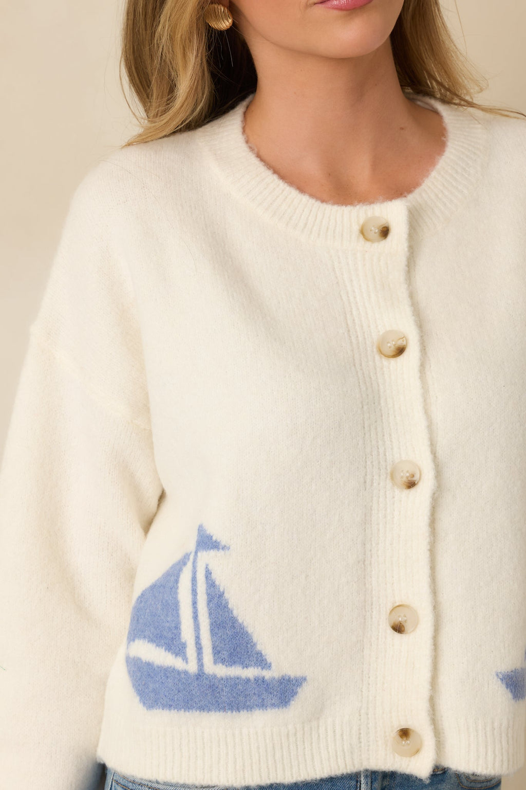 Catch the Breeze Ivory Sailboat Knit Button Front Cardigan Sweater