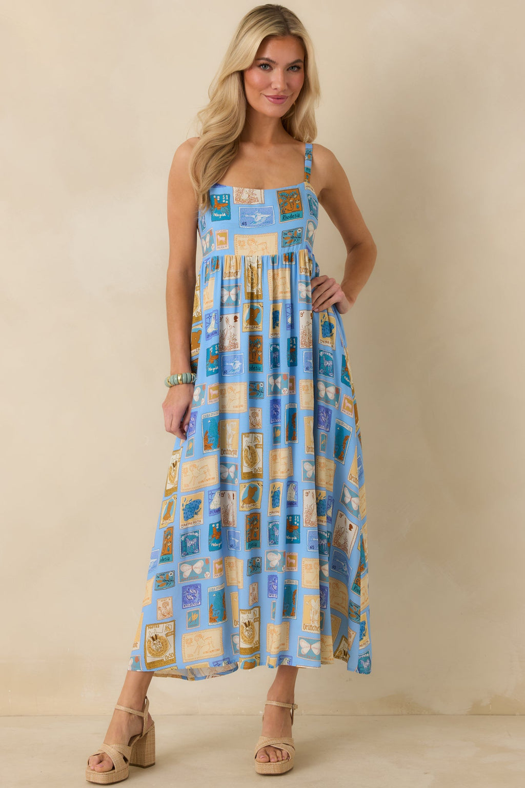 From Far & Away Blue Multi Vintage Stamp Print Midi Dress