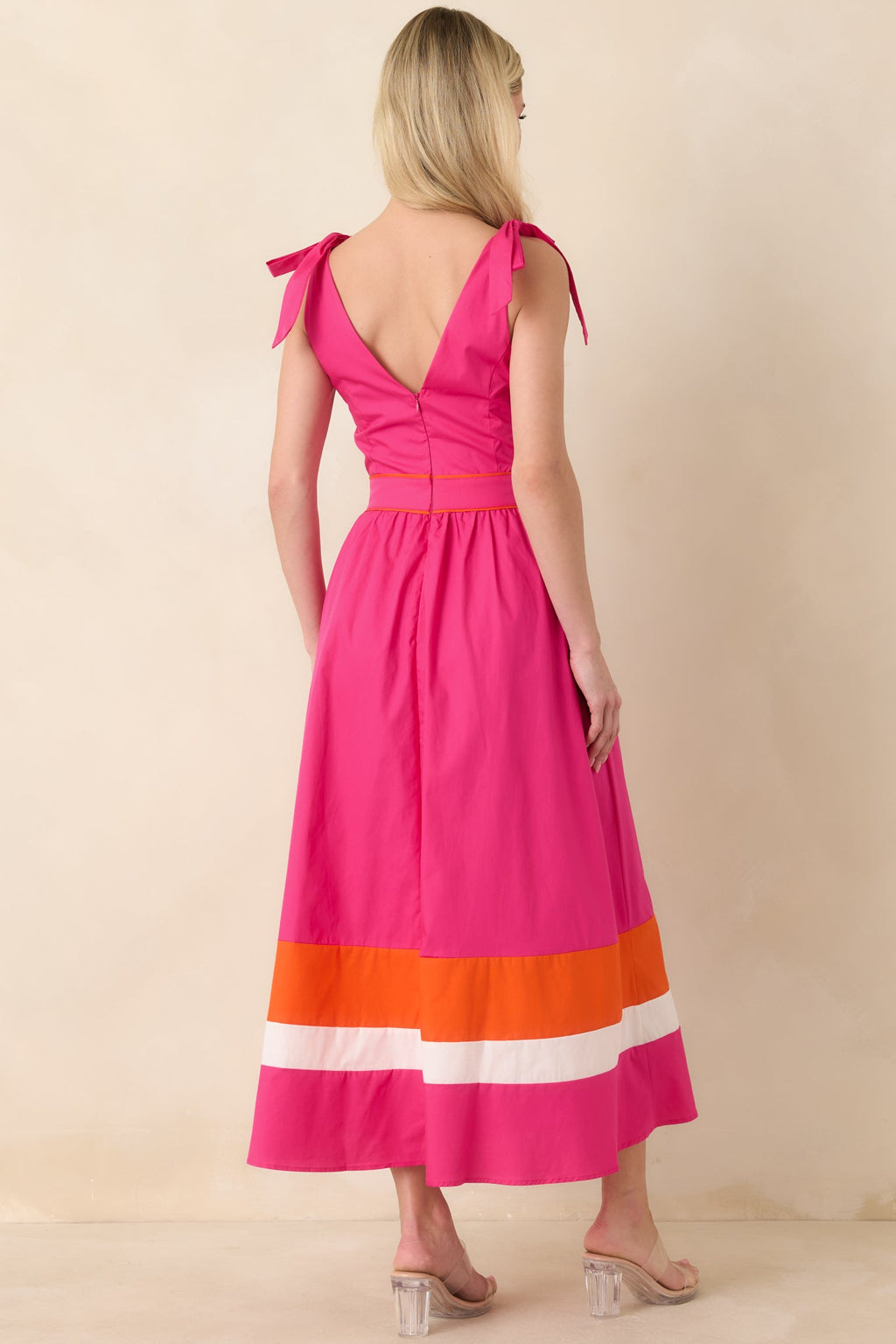 Just Getting Started Fuchsia Pink & Orange Cotton Tie Strap Midi Dress