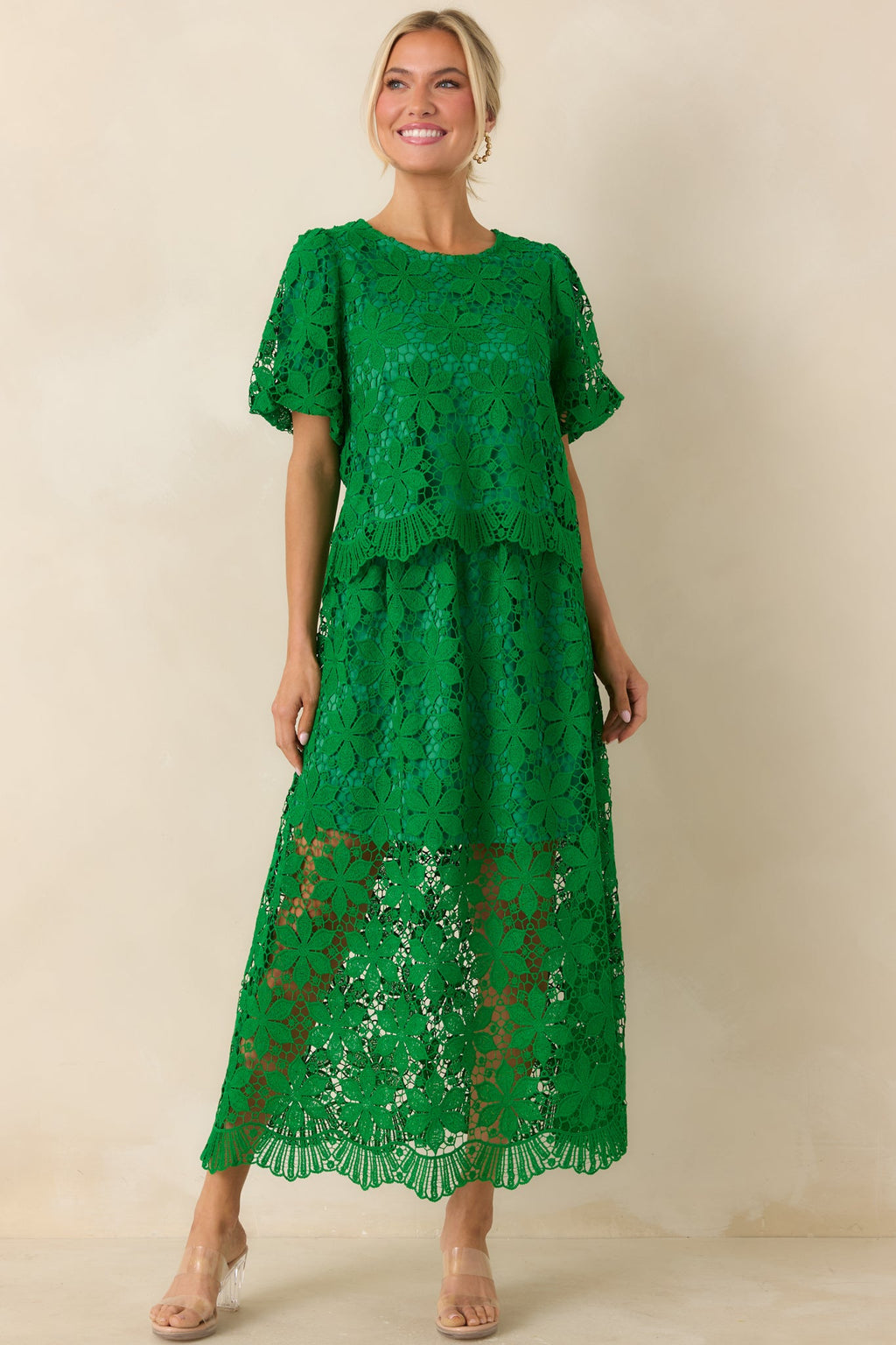 All the Attention Green Floral Lace Maxi Skirt