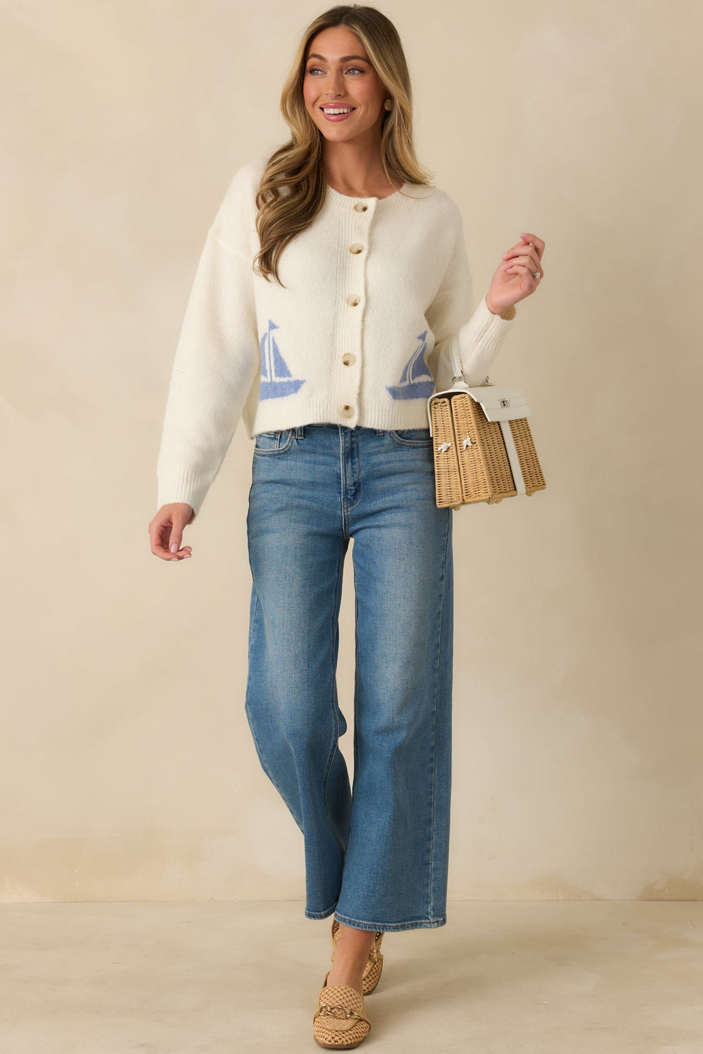 Catch the Breeze Ivory Sailboat Knit Button Front Cardigan Sweater