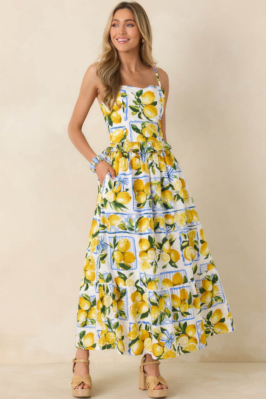 Sweet Citrus Charm White Multi Lemon Print Cotton Maxi Skirt