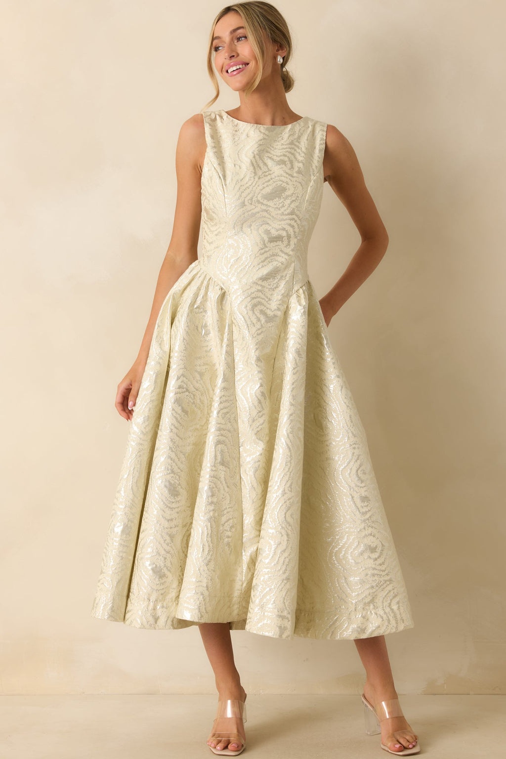 Written in Light Ivory Metallic Jacquard Sleeveless Maxi Dress