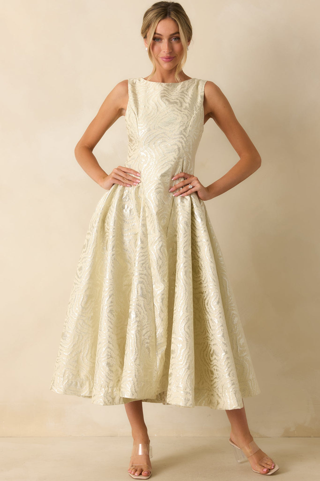 Written in Light Ivory Metallic Jacquard Sleeveless Maxi Dress