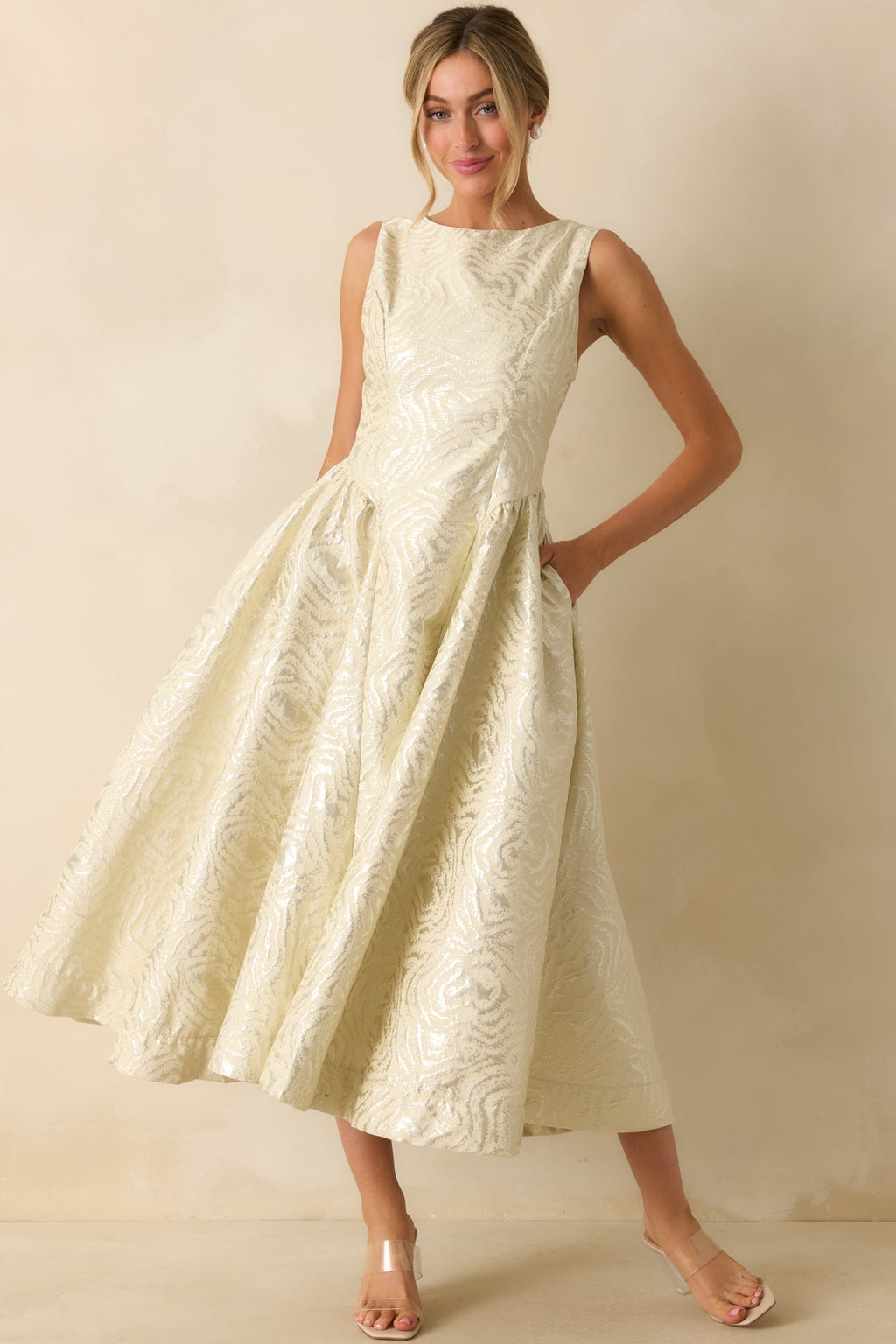 Written in Light Ivory Metallic Jacquard Sleeveless Maxi Dress