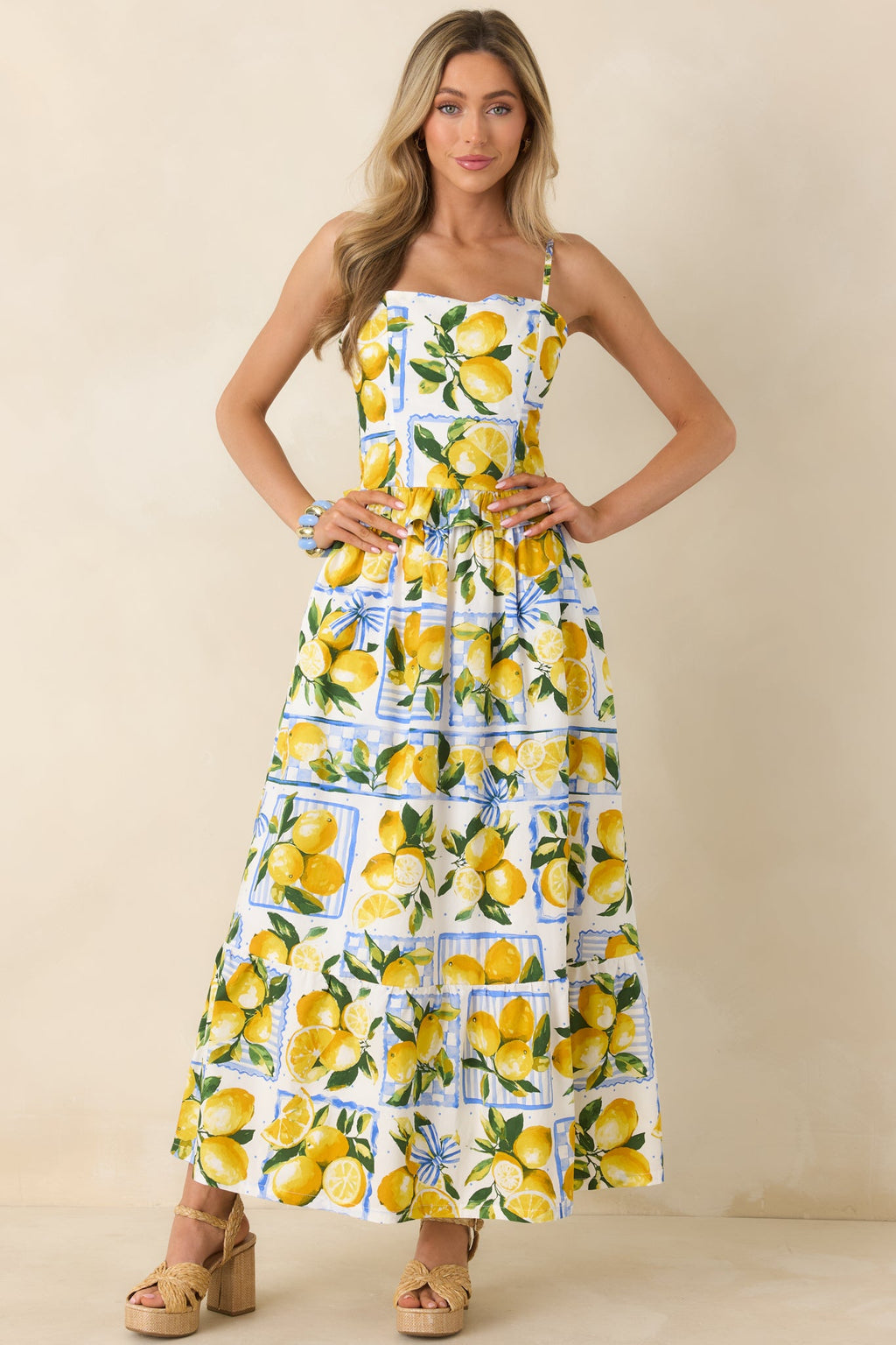 Sweet Citrus Charm White Multi Lemon Print Cotton Maxi Skirt