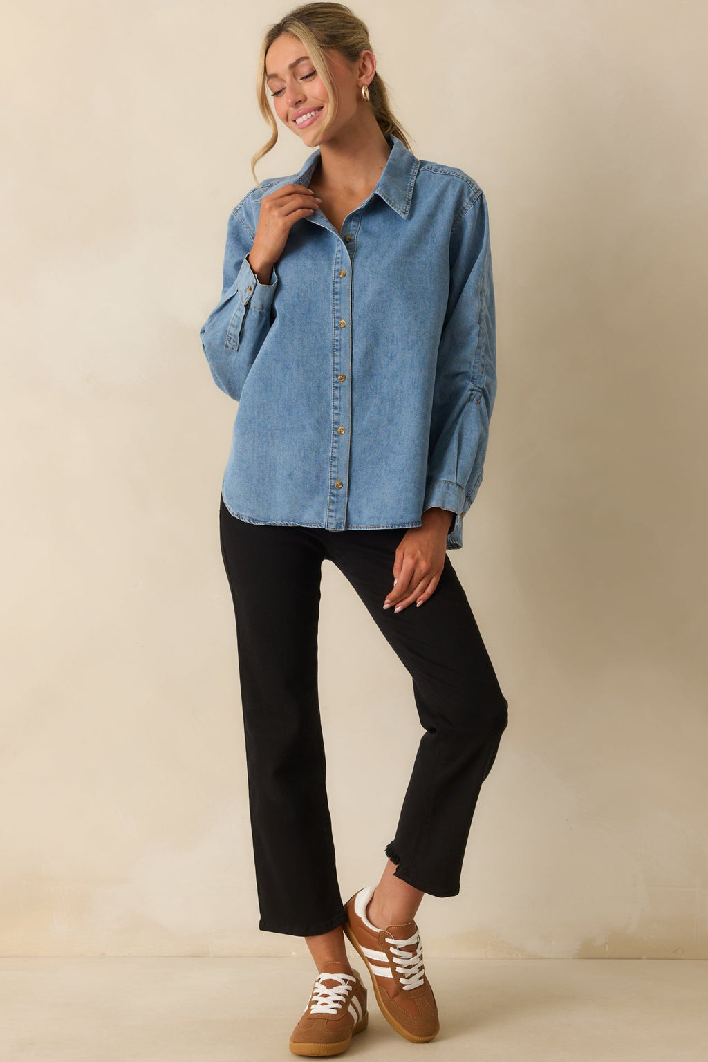Through Every Change Light Wash Cotton Denim Button Up Top