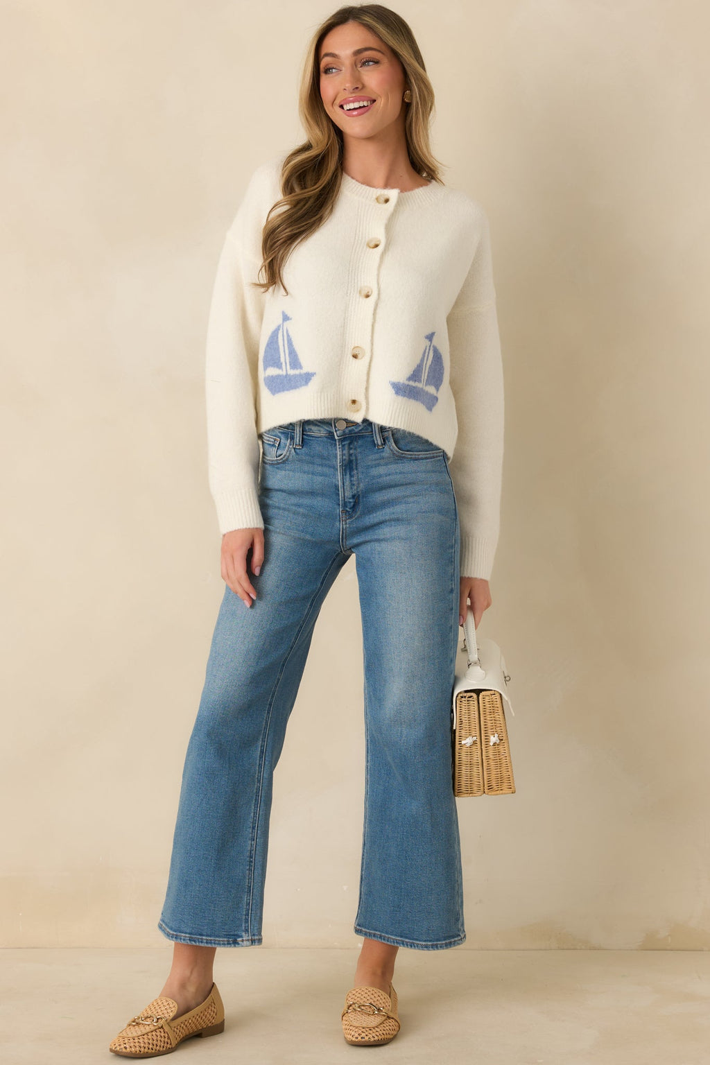Catch the Breeze Ivory Sailboat Knit Button Front Cardigan Sweater