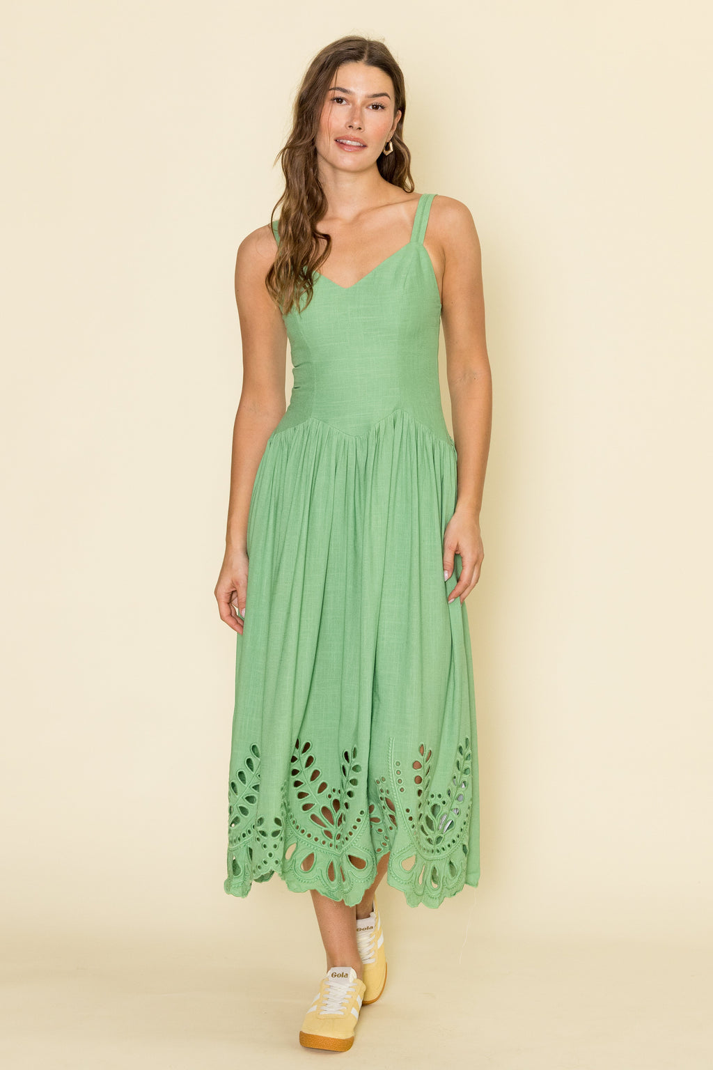 V Neck Eyelet Detail Midi Dress