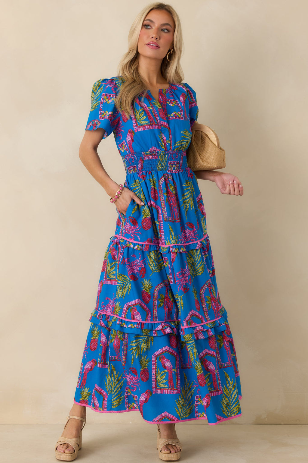 Postcards From Paradise Blue Multi Cotton Tropical Mosaic Print Tiered Maxi Dress