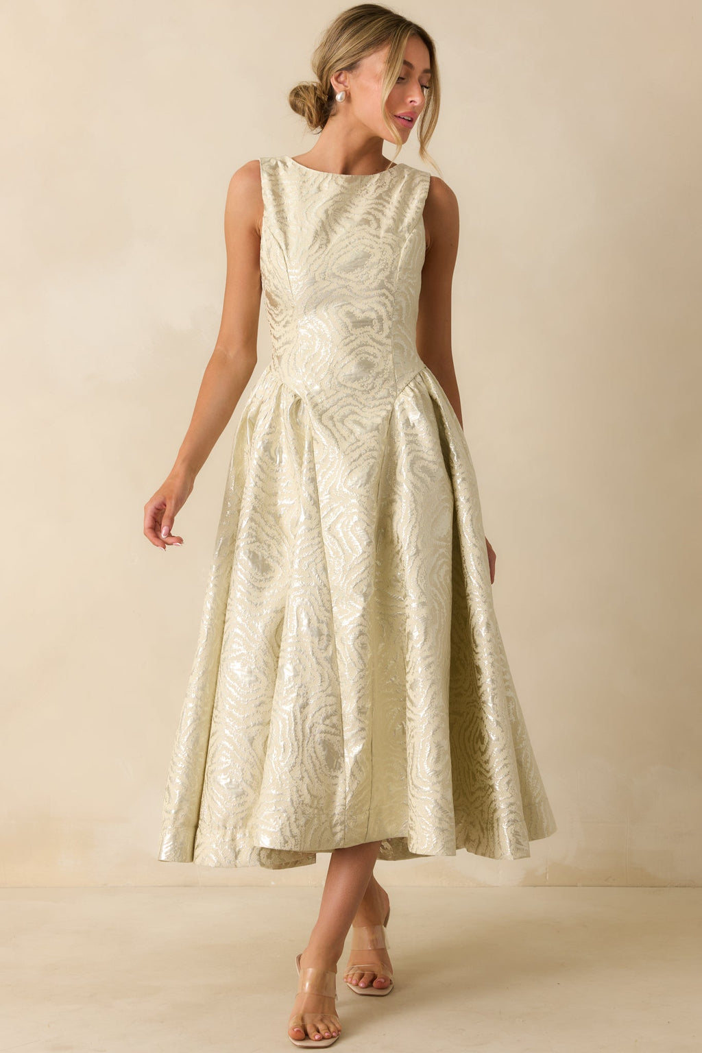 Written in Light Ivory Metallic Jacquard Sleeveless Maxi Dress