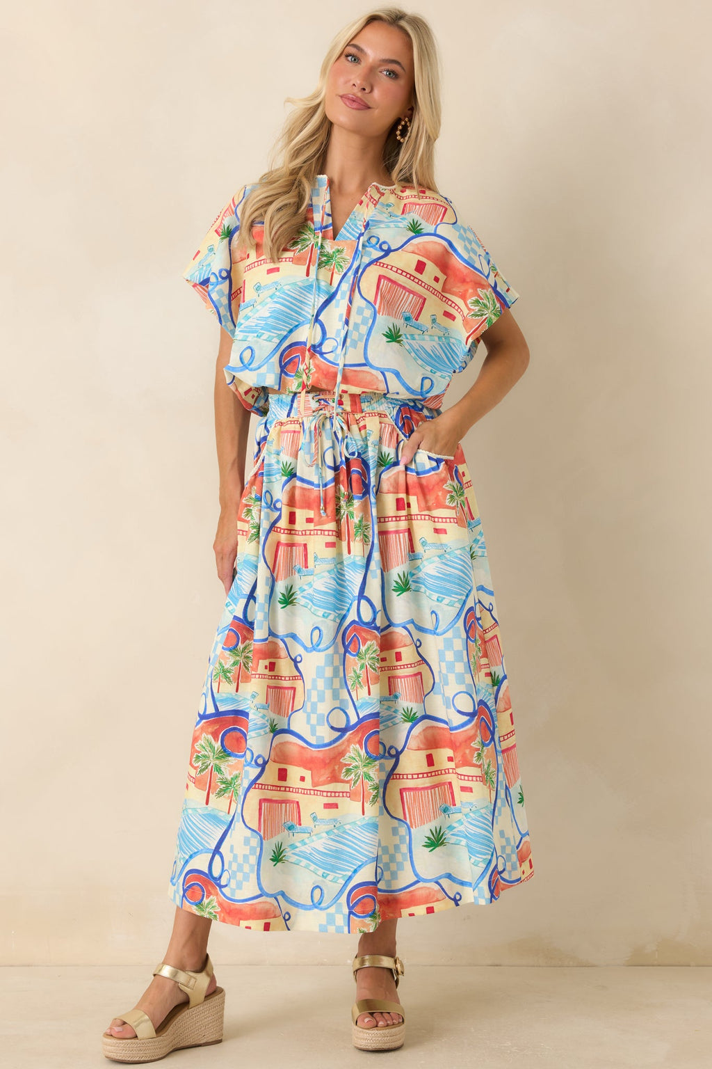 Where To Next? Coral Orange & Blue Multi Poolside Print Midi Skirt