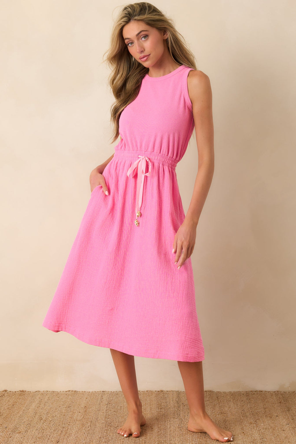 Paradisa Bonita Pink Cotton Sleeveless Midi Dress