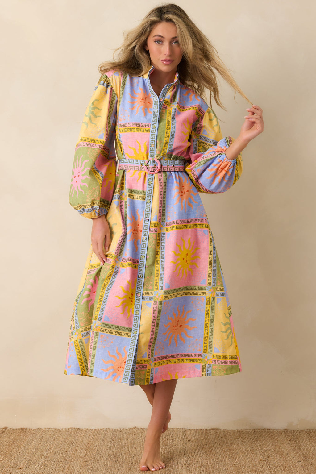 Paradisa Anna Maria Multi Sun Print Linen Blend Midi Dress