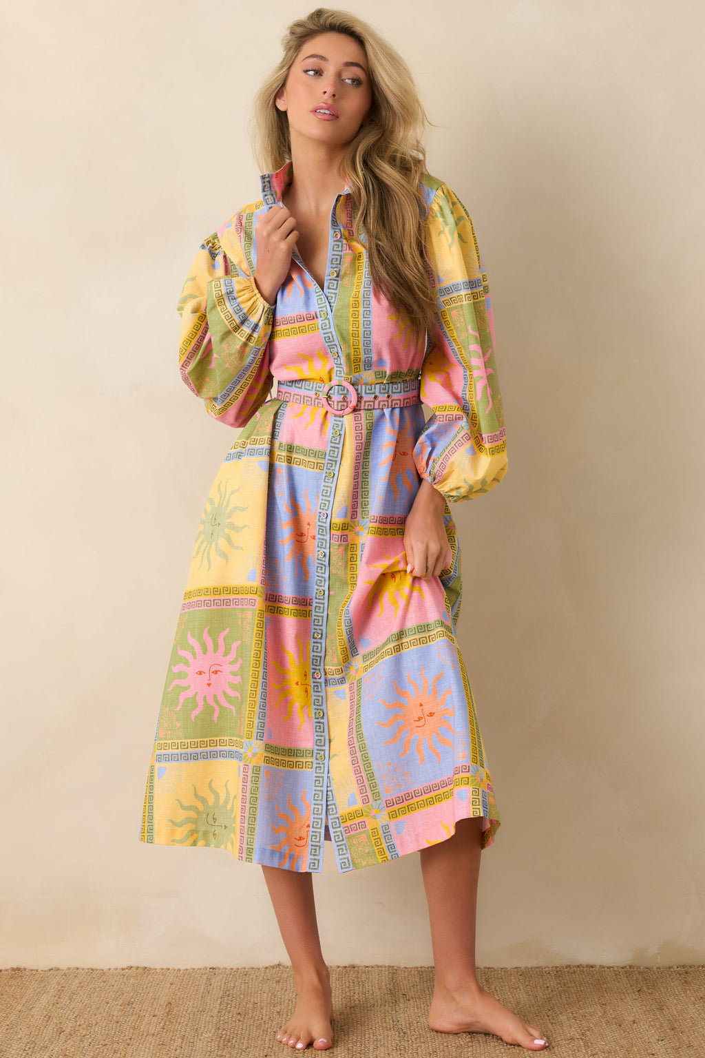 Paradisa Anna Maria Multi Sun Print Linen Blend Midi Dress