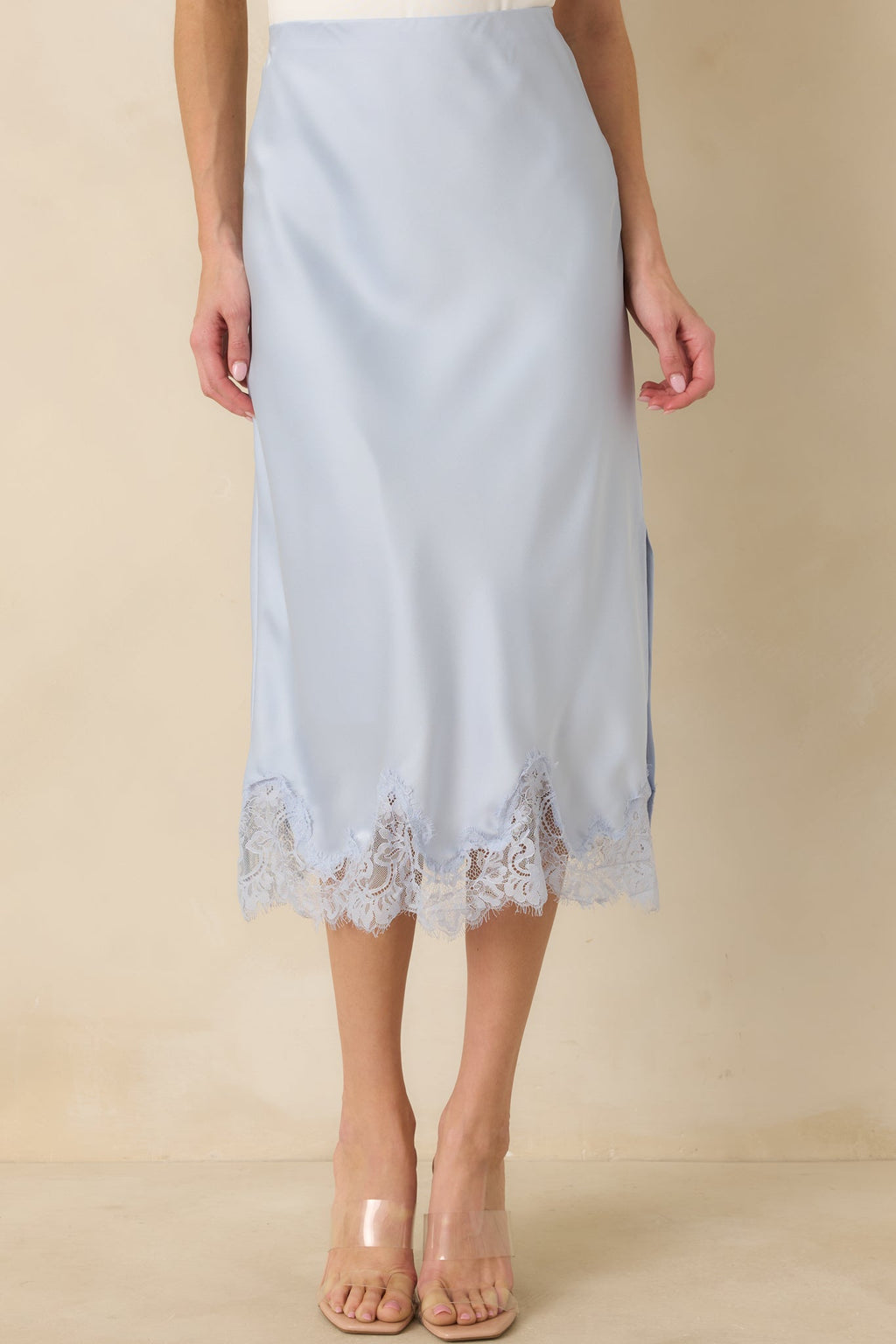 Just Call Me Later Powder Blue Satin Lace Trim Midi Skirt