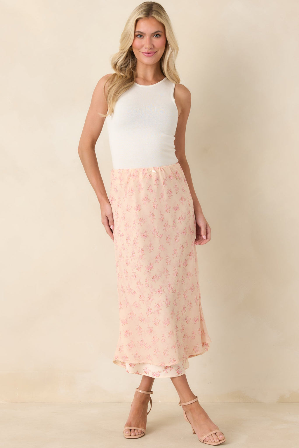 Drifting in Dreams Pink Floral Chiffon Layered Midi Skirt