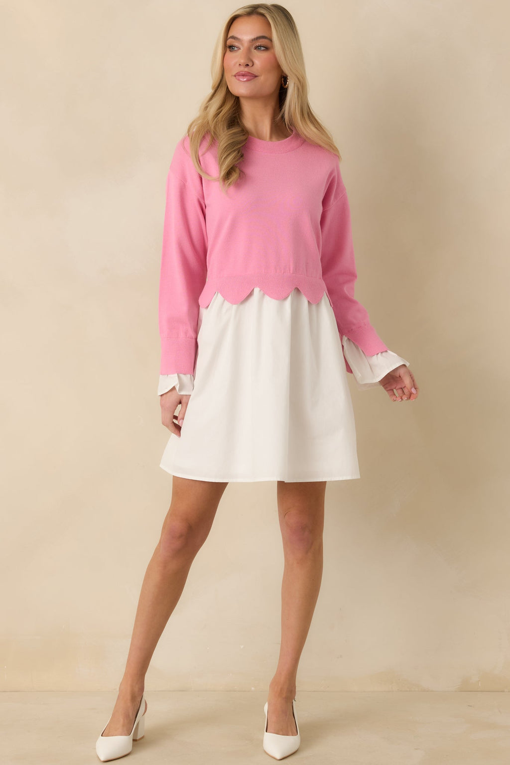 Made to Charm Pink Scalloped Sweater Mini Dress