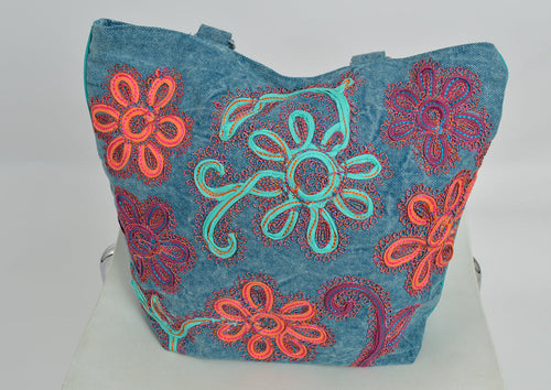 Denim-look tote bag with funky applique and embroidery