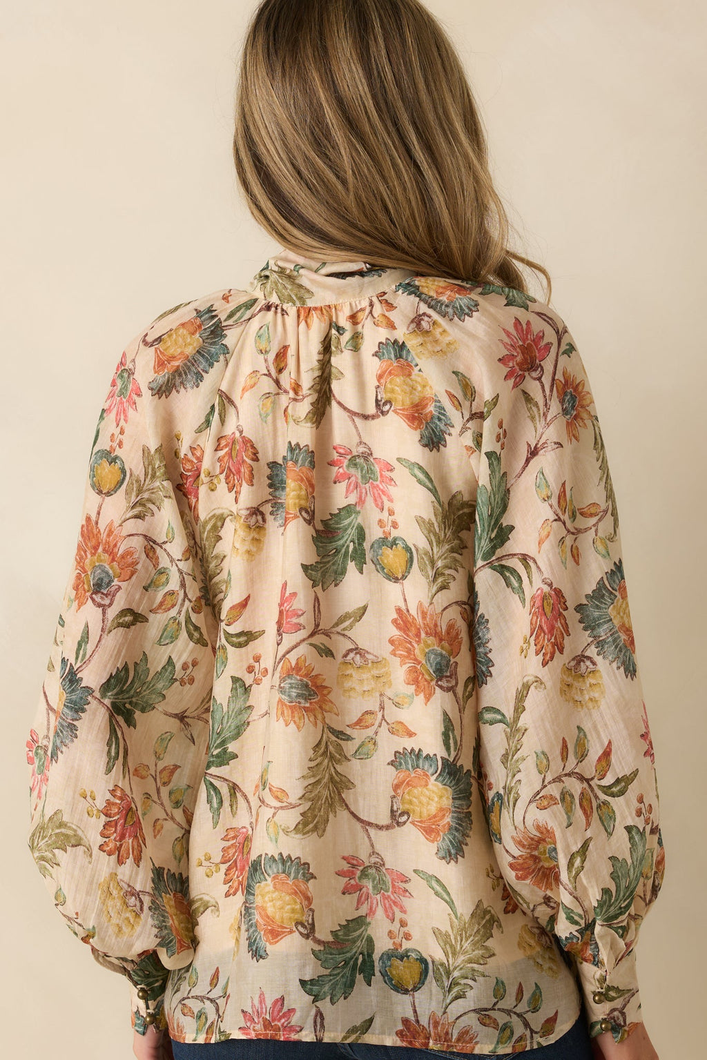 Fields of Grace Beige Multi Floral Print Cotton Bow Blouse