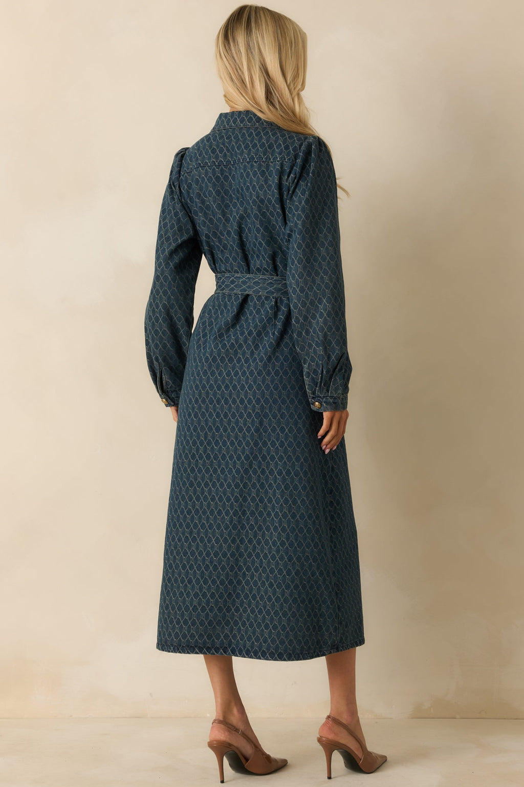 Just As I Said Blue Cotton Patterned Denim Belted Midi Dress