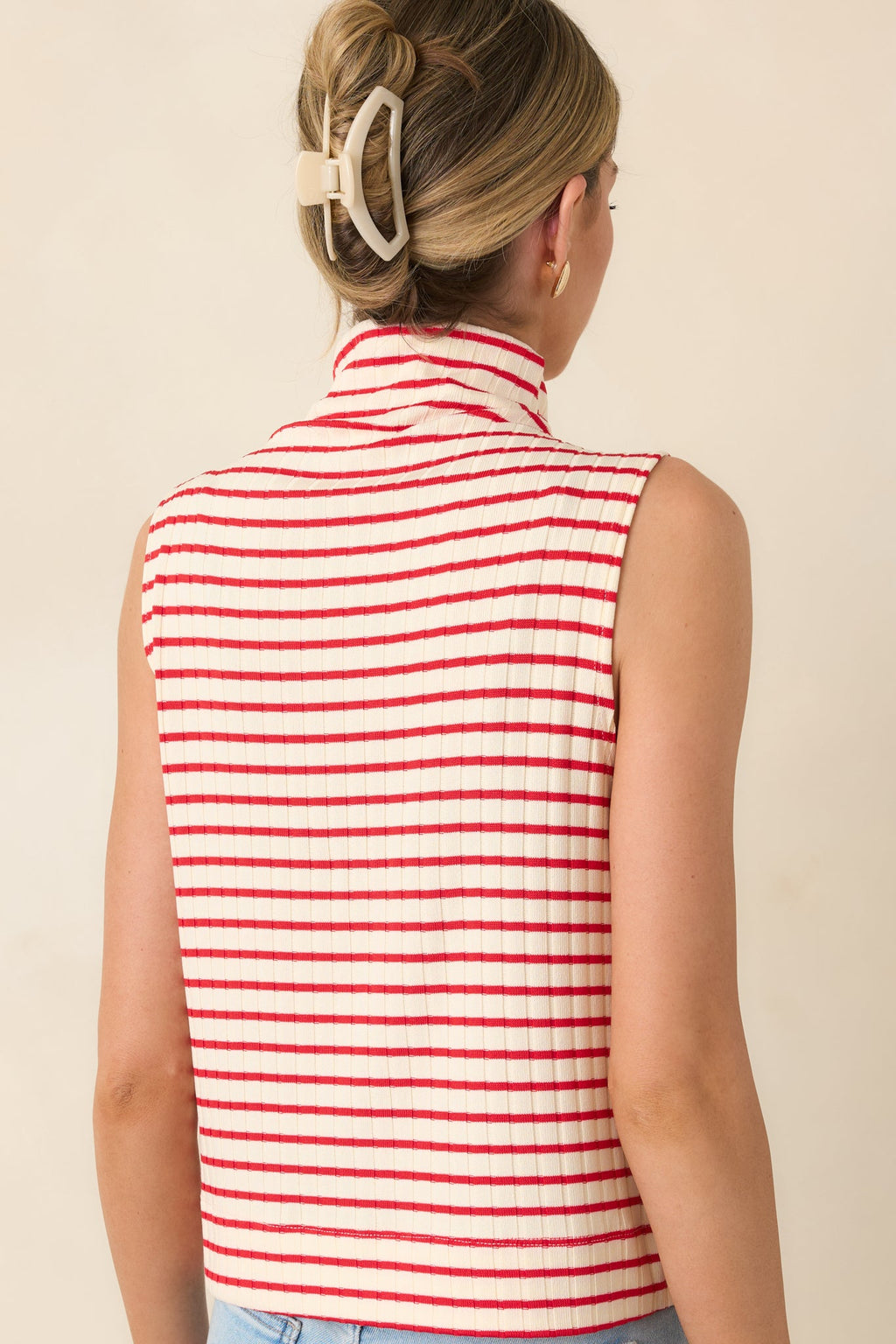 Keep It In Line Red Stripe Mockneck Sleeveless Top