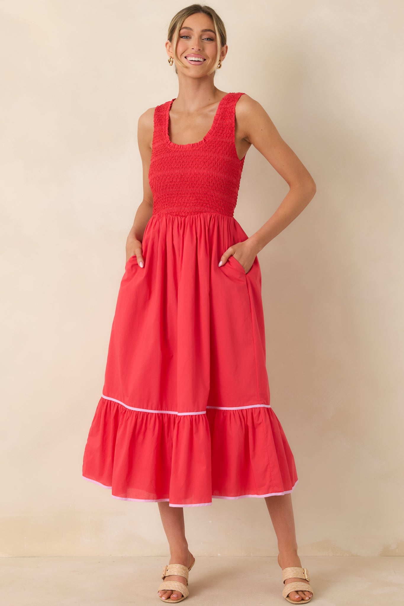 Today’s the Day Red Textured Cotton Tiered Midi Dress