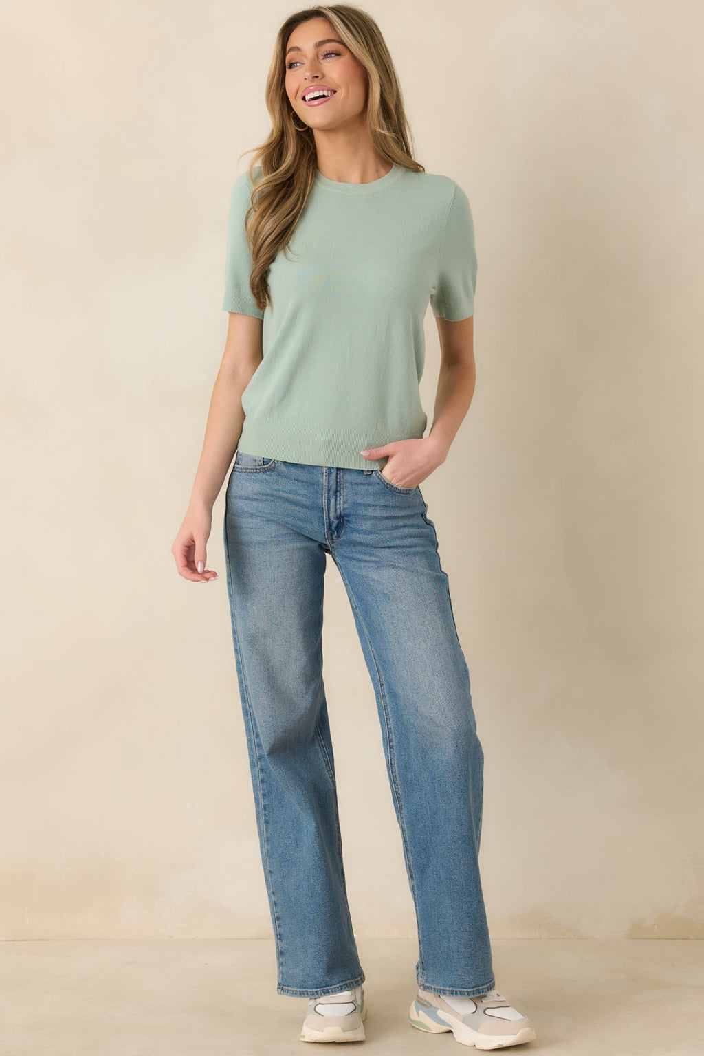 Always A Favorite Seafoam Green Short Sleeve Knit Top