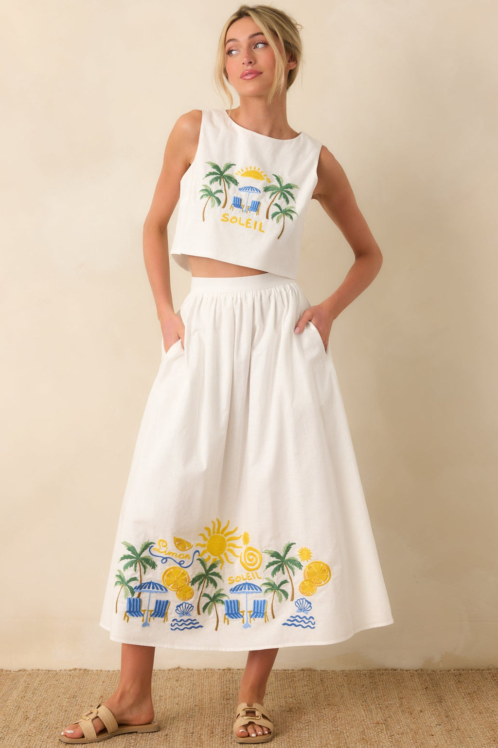Paradisa Aruba White Multi Embroidered Cotton Blend Crop Top