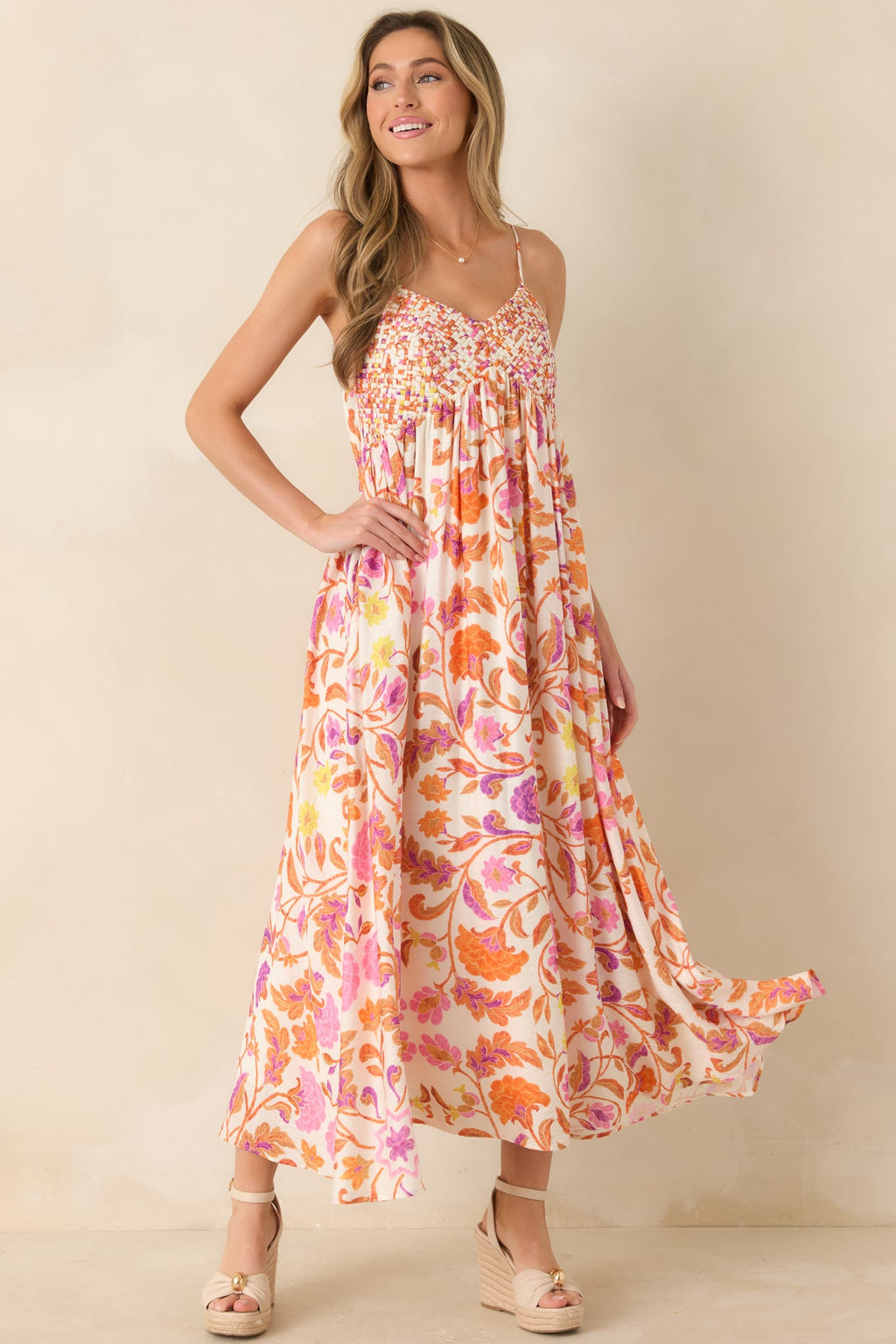 Here for the Sun Pink & Orange Floral Woven Maxi Dress