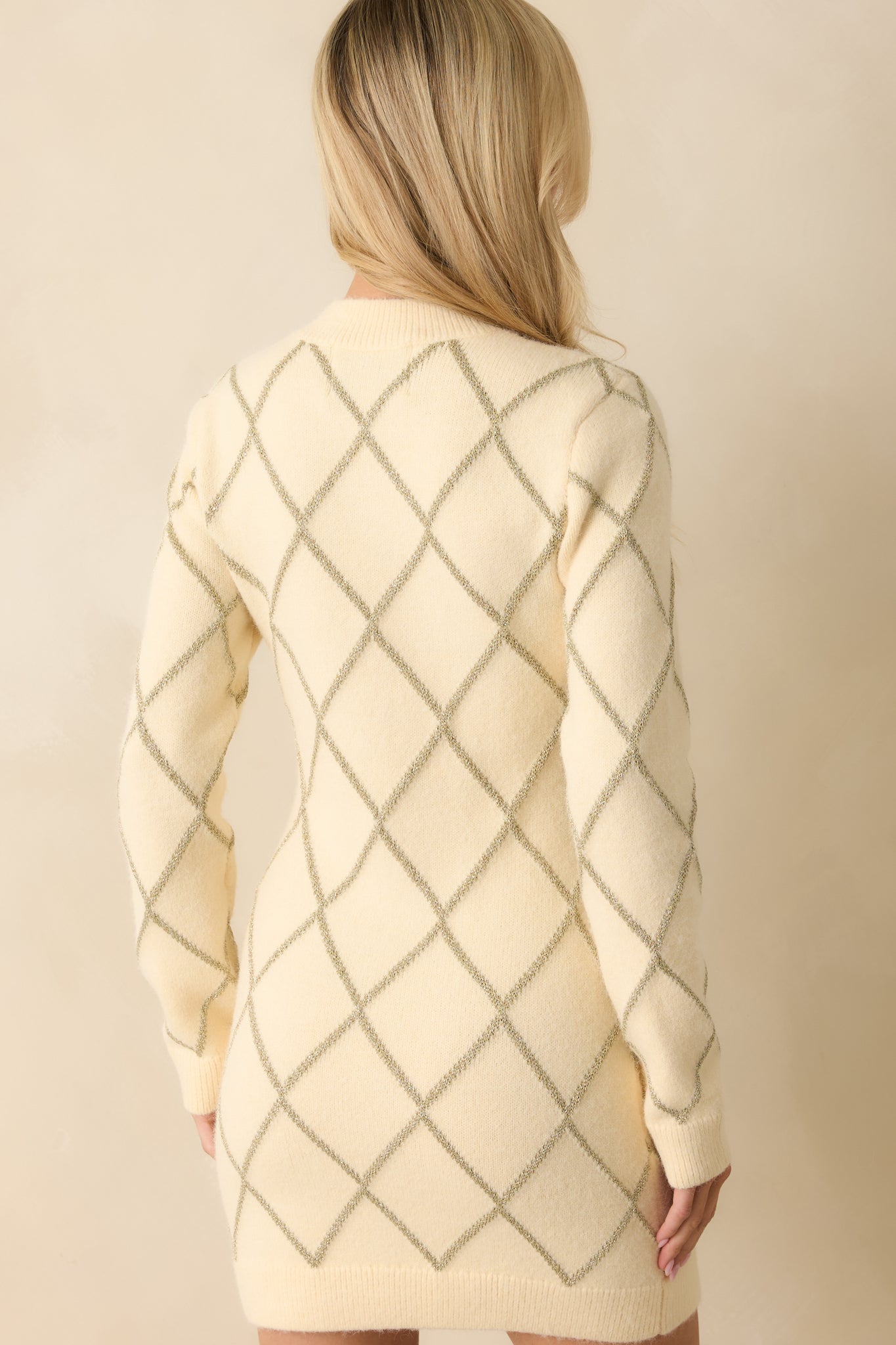 Bright On Arrival Ivory Knit Metallic Argyle Sweater Dress