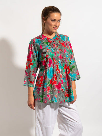 Mozaic Yamba Top in Grey Red Floral