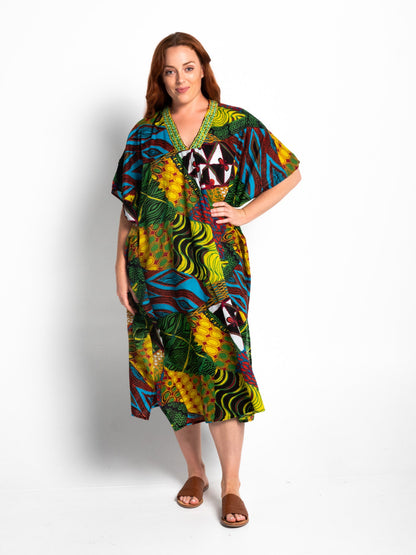 Free Size Peregian Kaftan in Green Festival Print