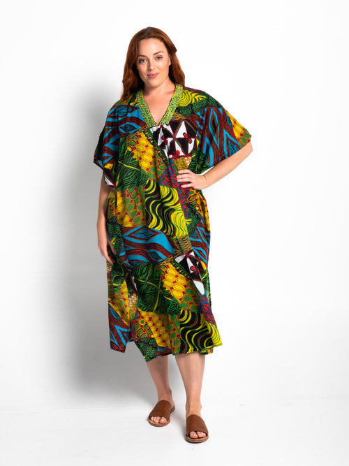 Free Size Peregian Kaftan in Green Festival Print