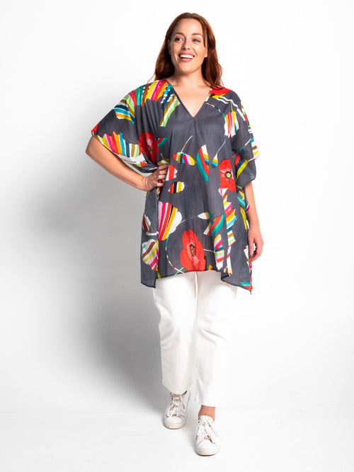 Poncho Style V-neck Top in Grey Poppies