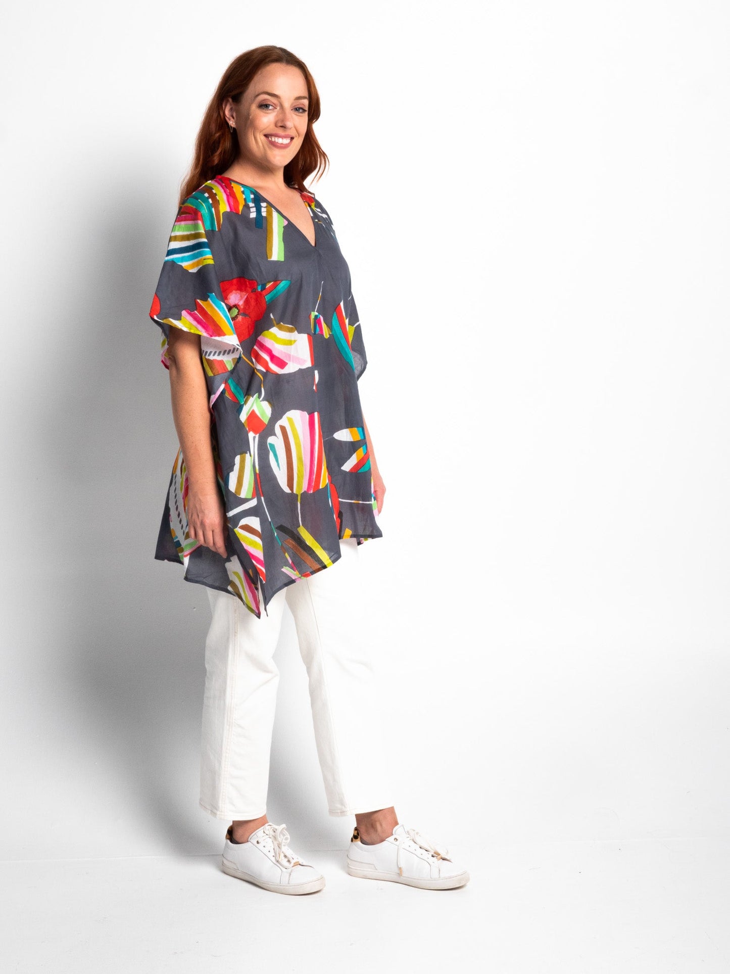 Poncho Style V-neck Top in Grey Poppies