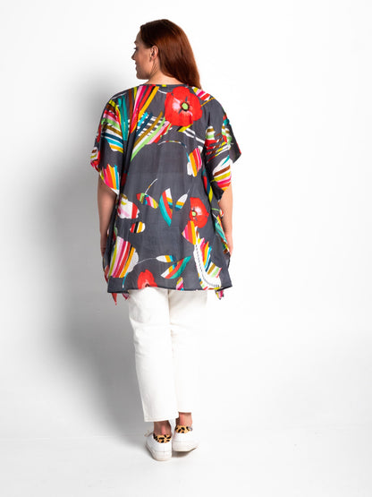 Poncho Style V-neck Top in Grey Poppies