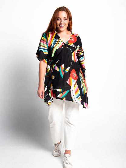 Poncho Style V-neck Top in Black Poppies