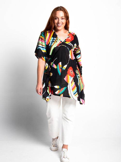 Poncho Style V-neck Top in Black Poppies