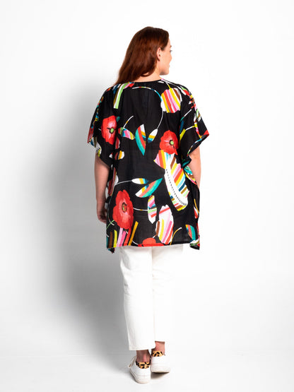 Poncho Style V-neck Top in Black Poppies