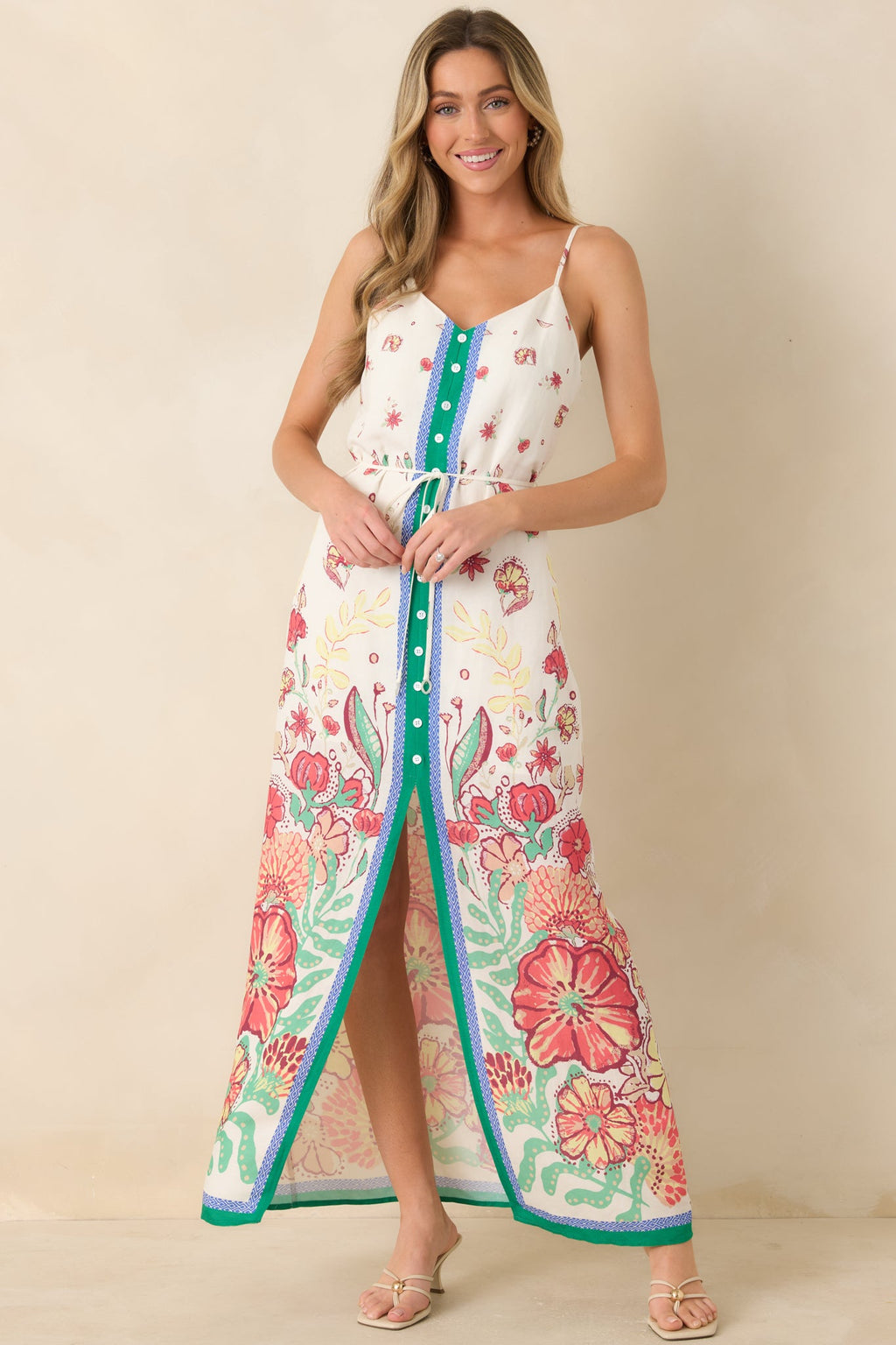 Floral Fantasy Green & Coral Pink Floral Maxi Dress