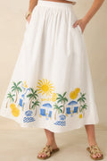 Paradisa Paradena White Multi Embroidered Cotton Blend Midi Skirt