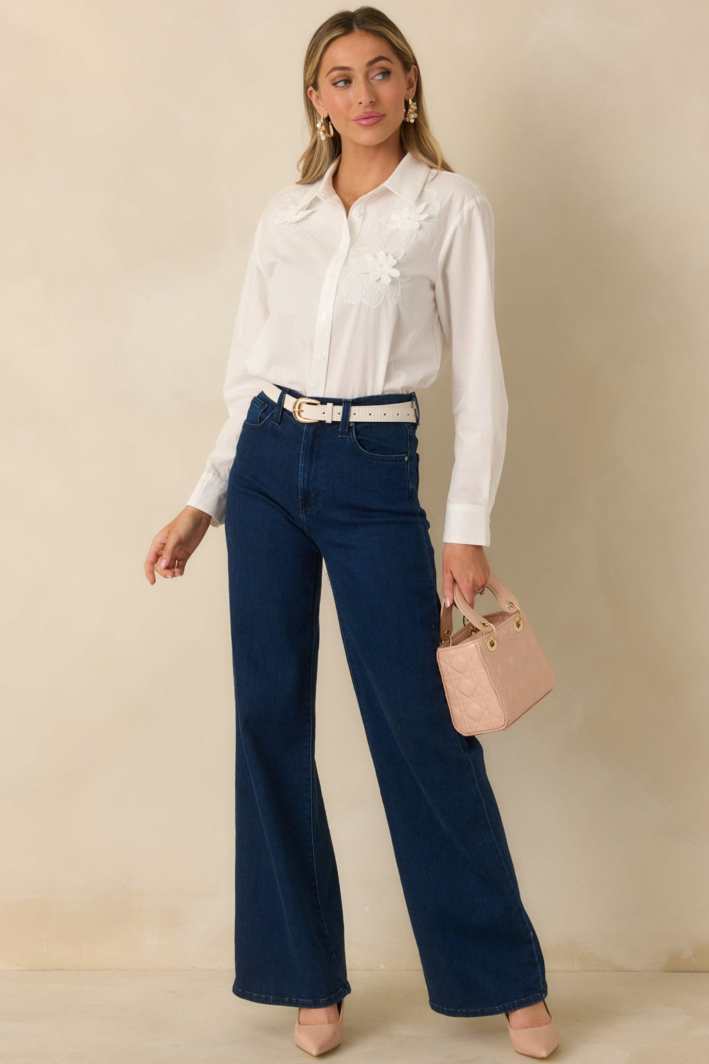 Little Details Matter White Floral Appliqué Button-Up Blouse