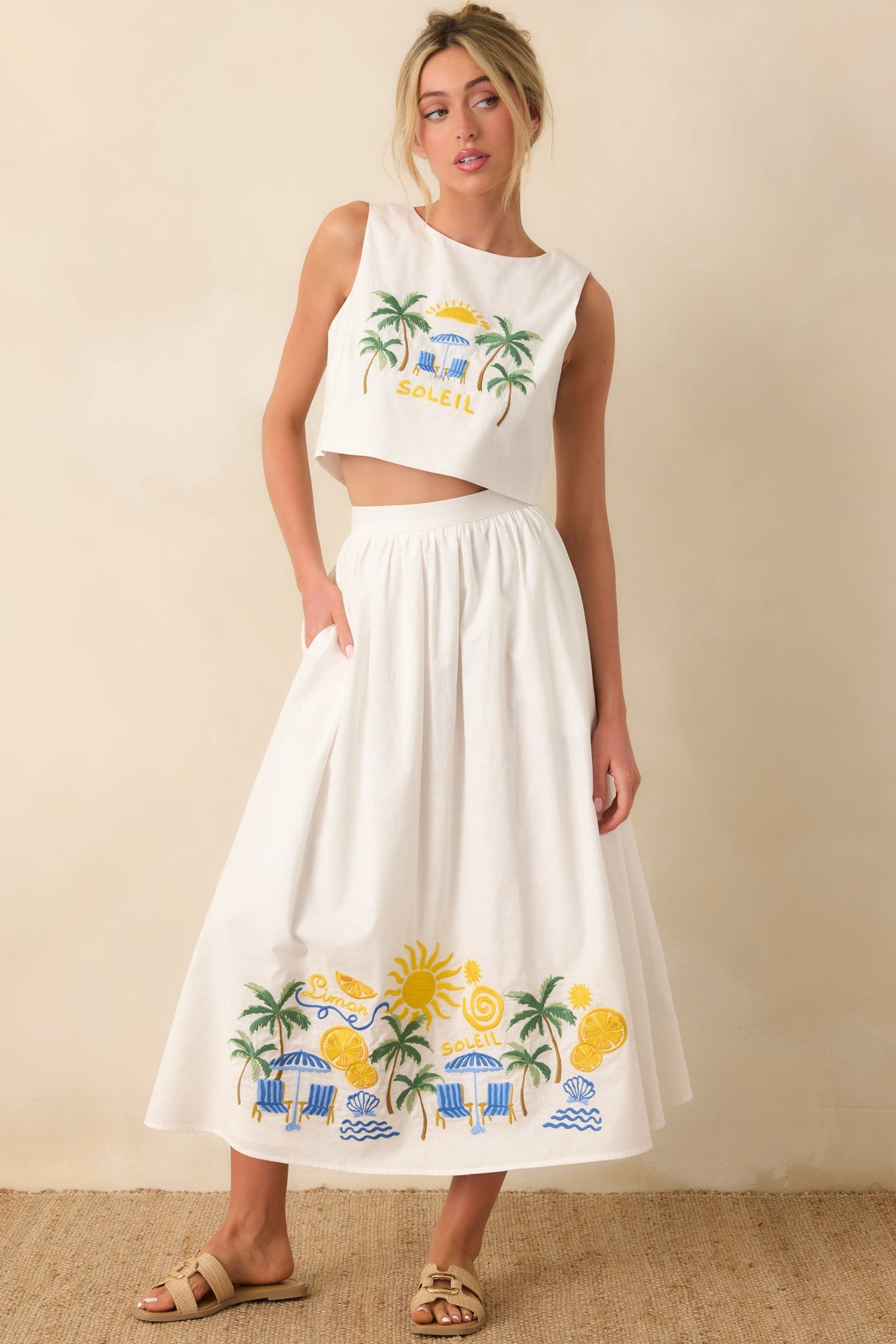 Paradisa Aruba White Multi Embroidered Cotton Blend Crop Top