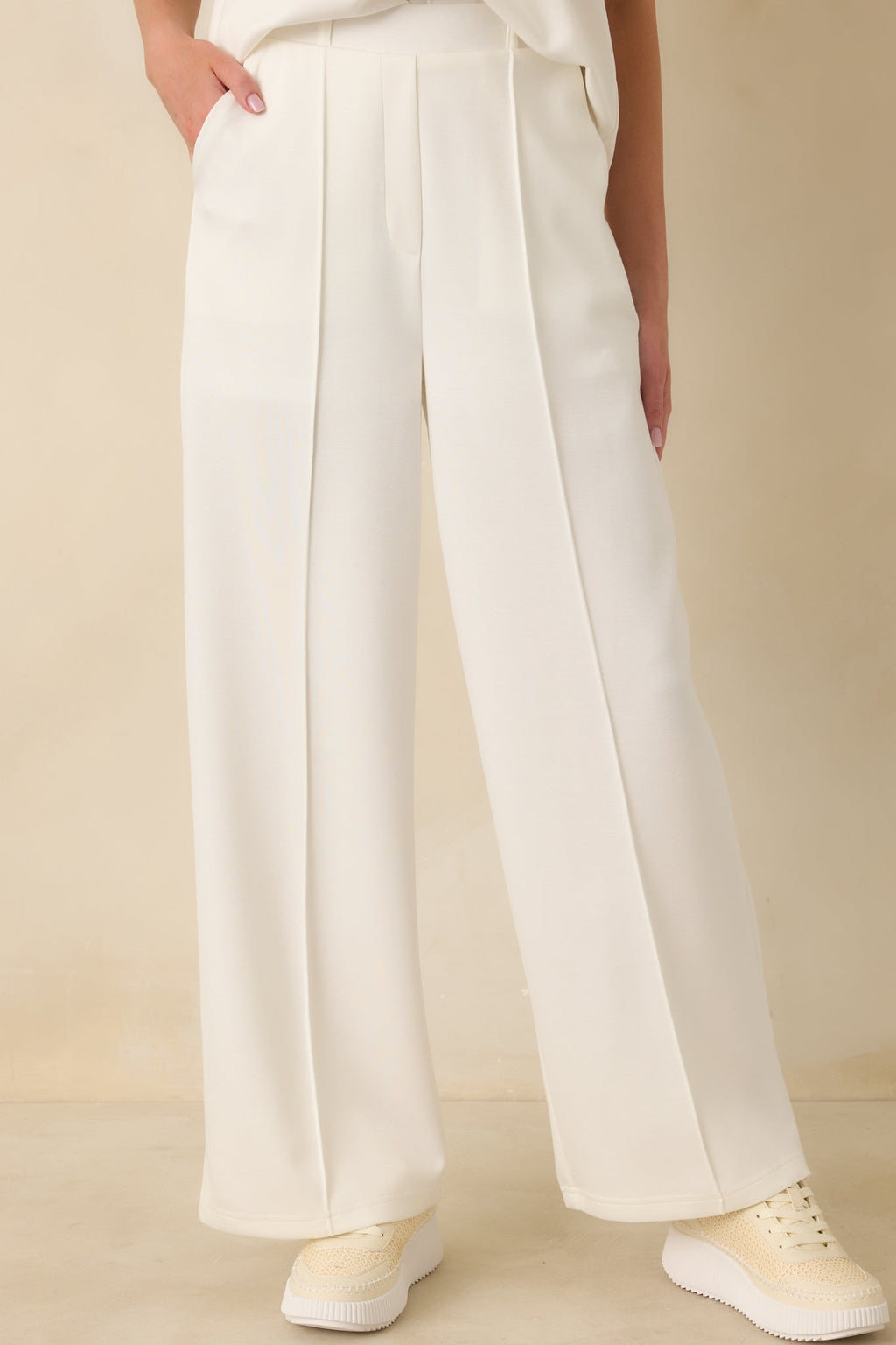 Ready to Jet Cloud White Knit High-Waisted Wide-Leg Pants